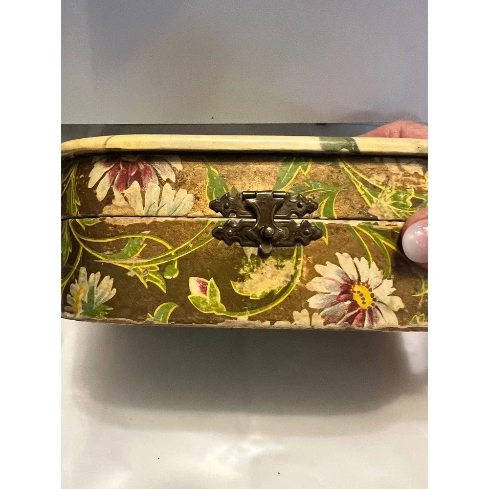 Vintage Floral Decoupage Jewelry Box Hinged Wood Trinket Box Yellow 6x4‎